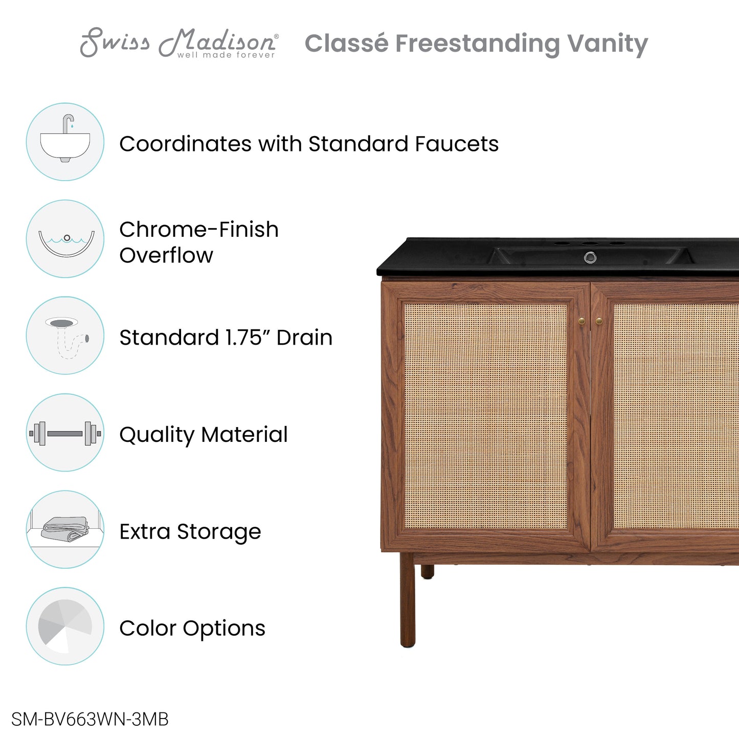 Swiss Madison, Classe 36" Freestanding Bathroom Vanity in Brown Oak with Black 3-Hole Widespread Sink Top