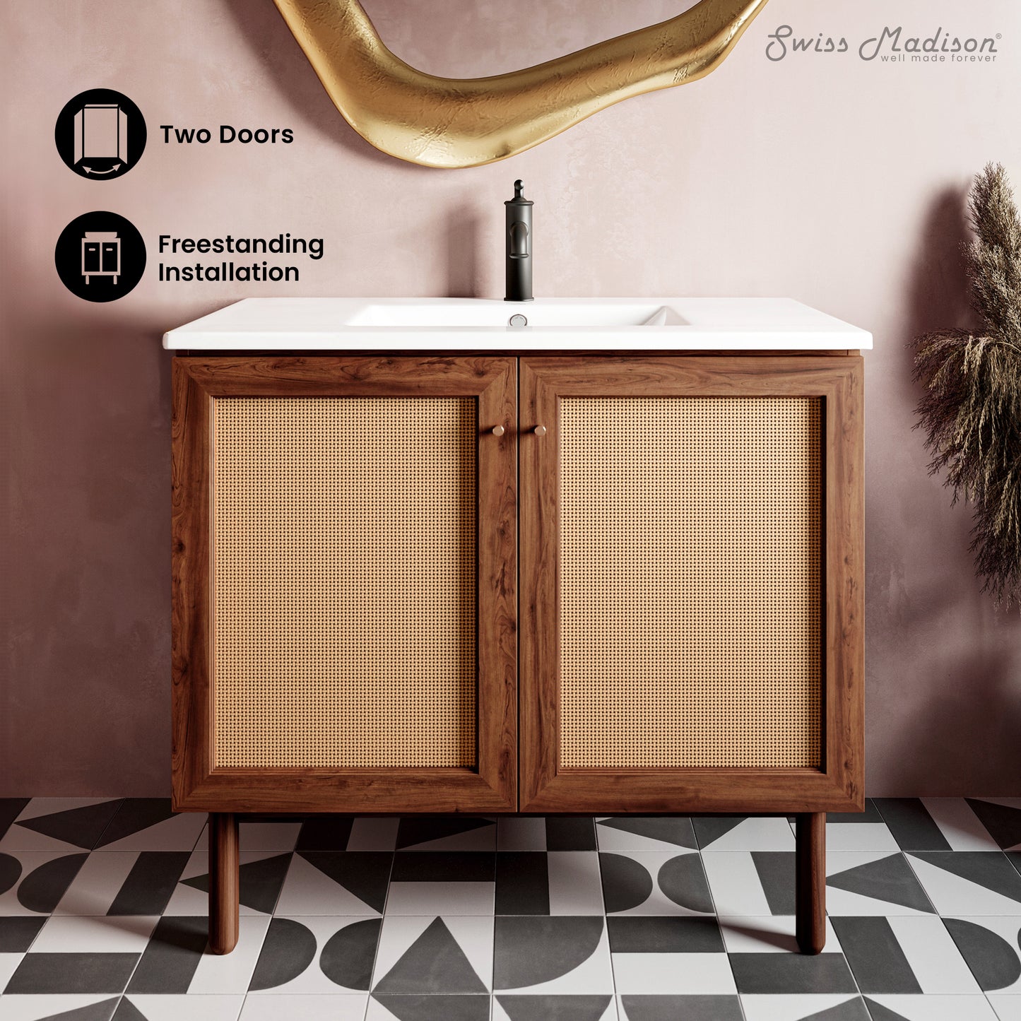 Swiss Madison, Classe 36" Freestanding Bathroom Vanity in Brown Oak with Sink Top
