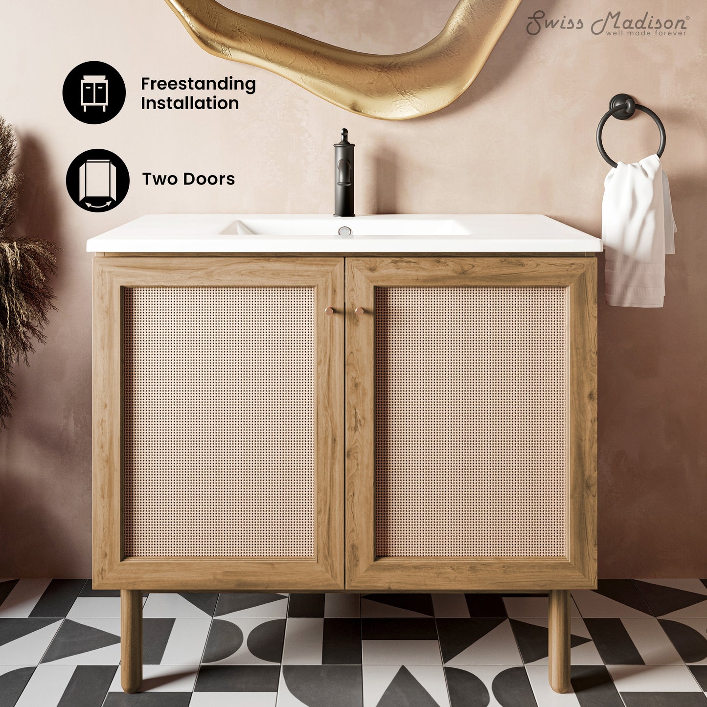 Swiss Madison, Classe 36" Freestanding Bathroom Vanity in Golden Oak with Sink Top