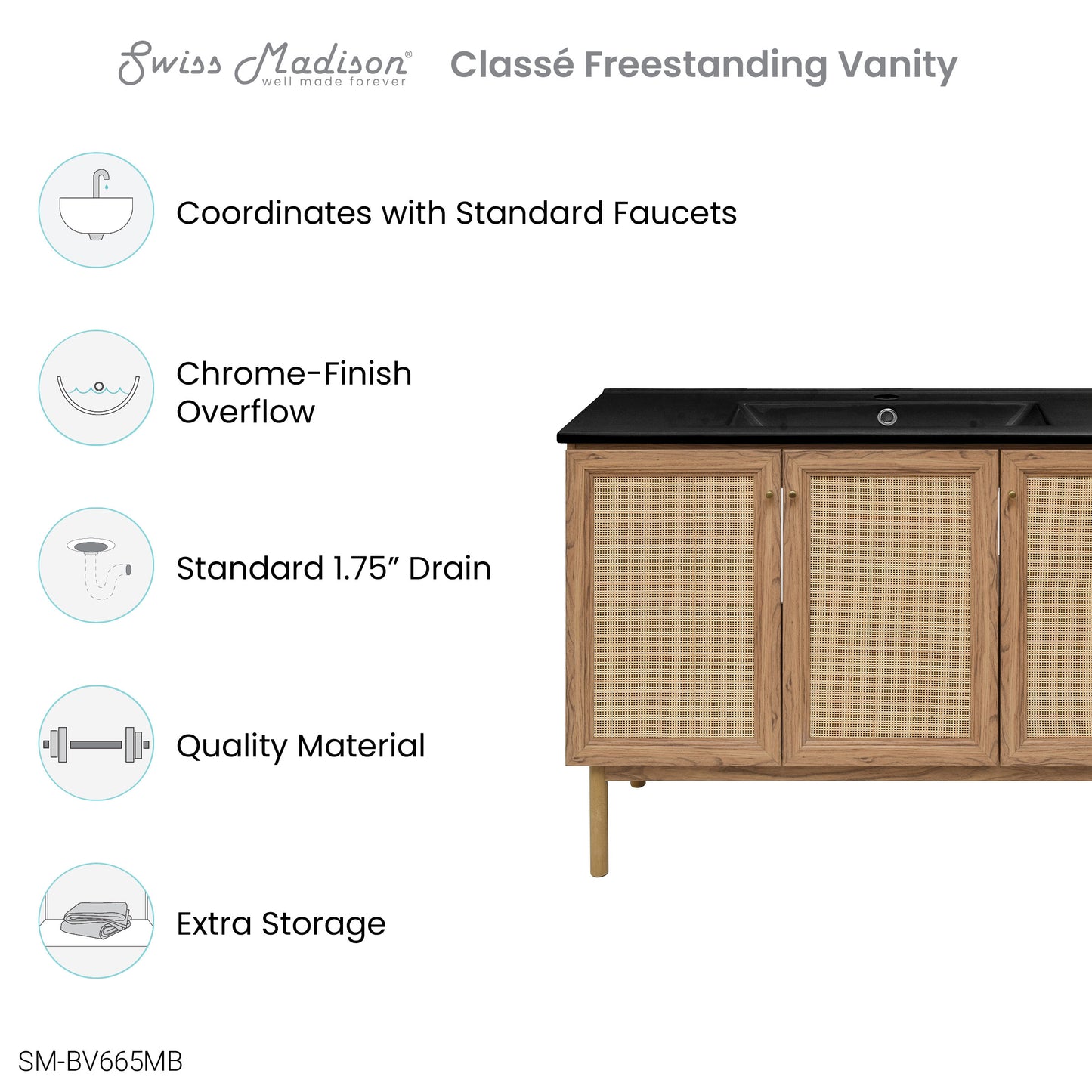 Swiss Madison, Classe 48" Freestanding Bathroom Vanity in Golden Oak with Black Sink Top