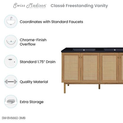 Swiss Madison, Classe 60" Freestanding Bathroom Vanity in Golden Oak with Black 3-Hole Widespread Double Basin Sink Top