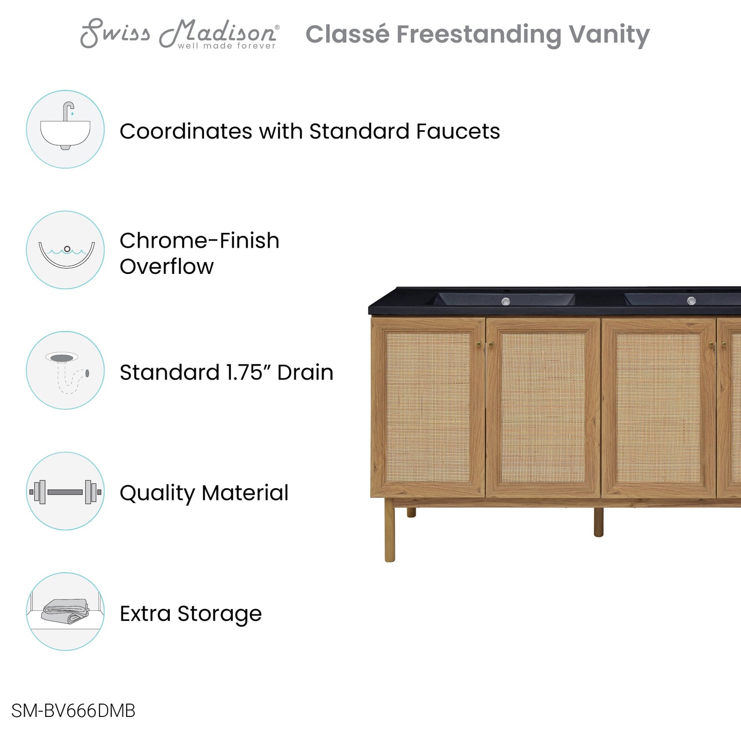 Swiss Madison, Classe 60" Freestanding Bathroom Vanity in Golden Oak with Black Double Basin Sink Top