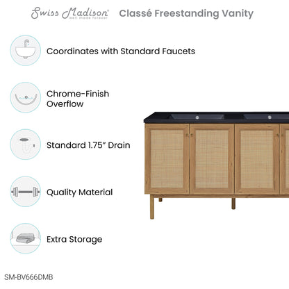 Swiss Madison, Classe 60" Freestanding Bathroom Vanity in Golden Oak with Black Double Basin Sink Top