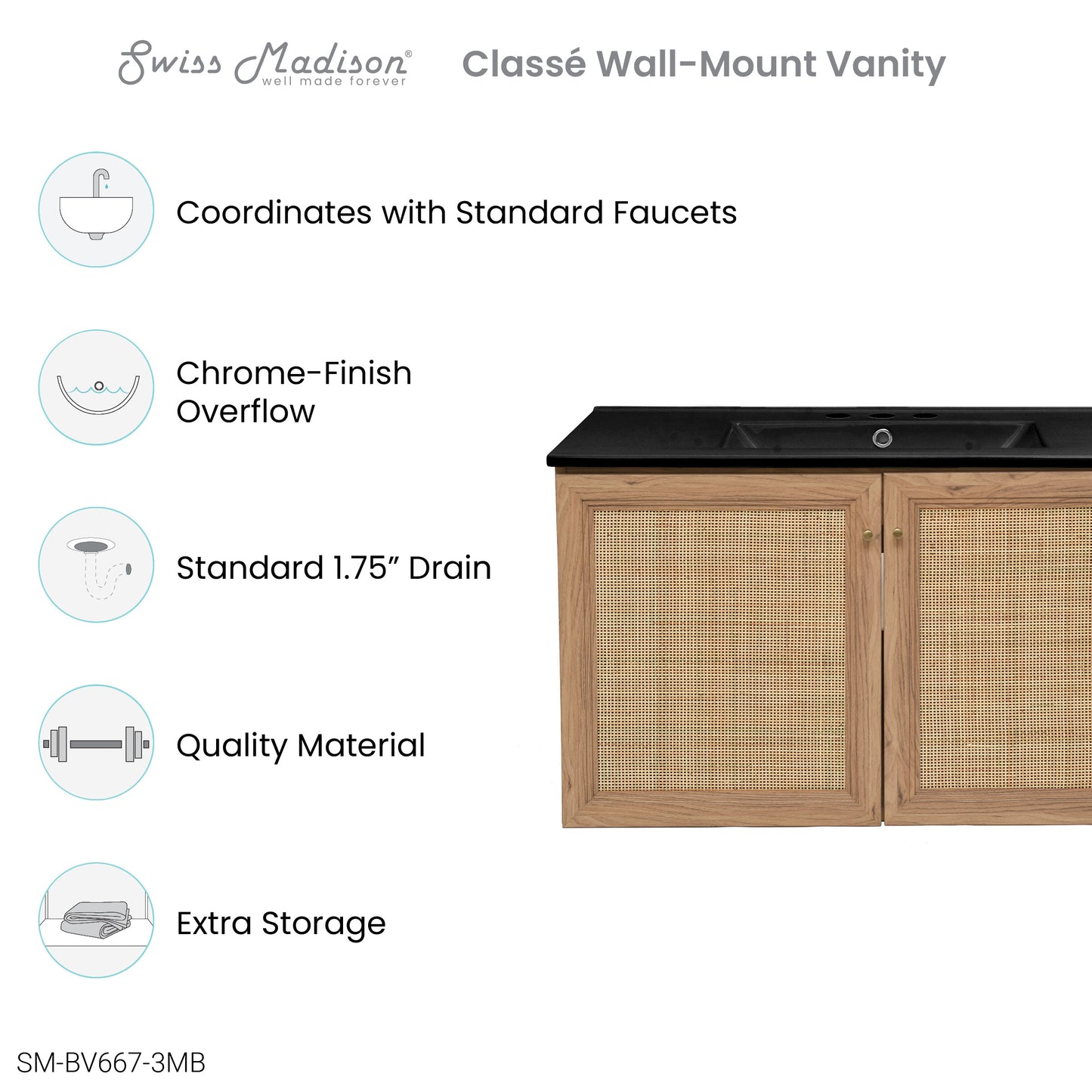 Swiss Madison, Classe 36 in. Brown Oak Wall Hung Bathroom Vanity With Black, 3-Hole Ceramic Sink Top