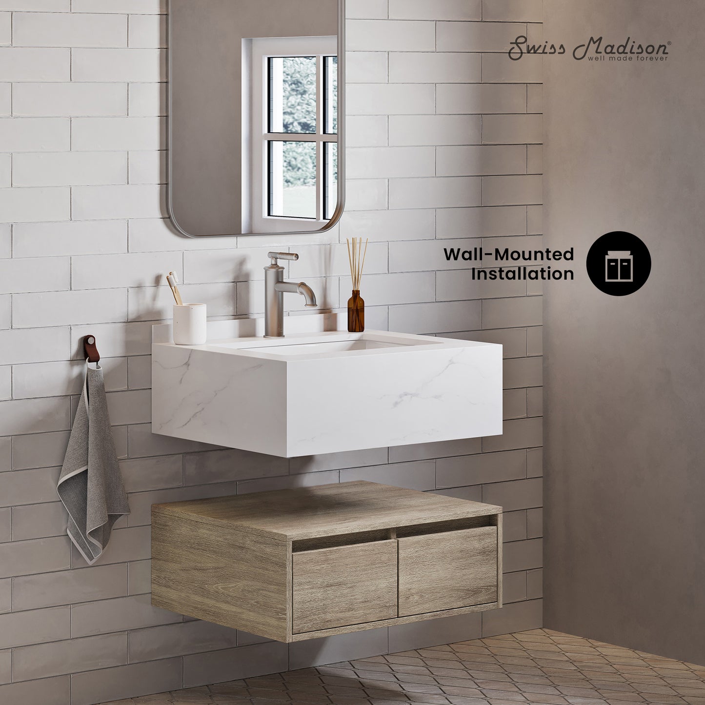 Swiss Madison, Avancer 24" Wall-Mounted Bathroom Vanity in Weathered Oak with Sink Top