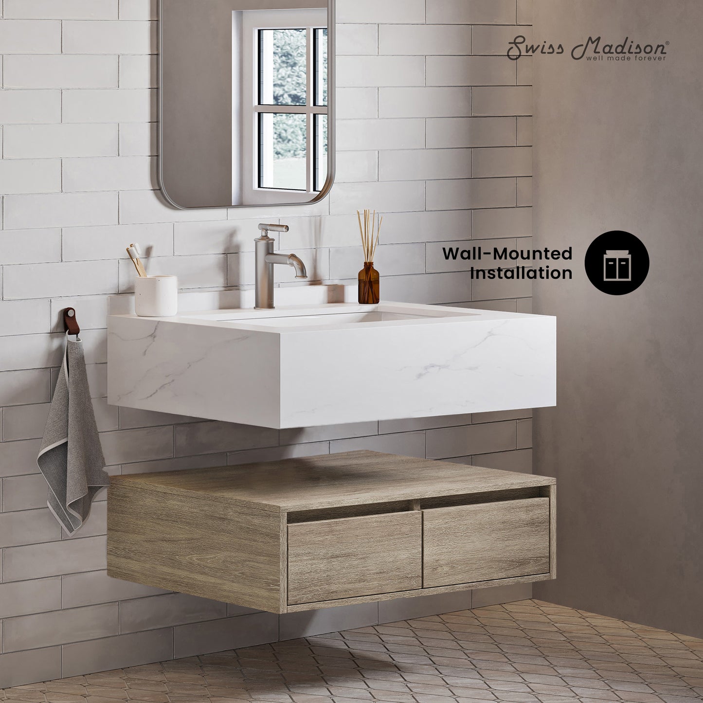 Swiss Madison, Avancer 36" Wall-Mounted Bathroom Vanity in Weathered Oak with Sink Top