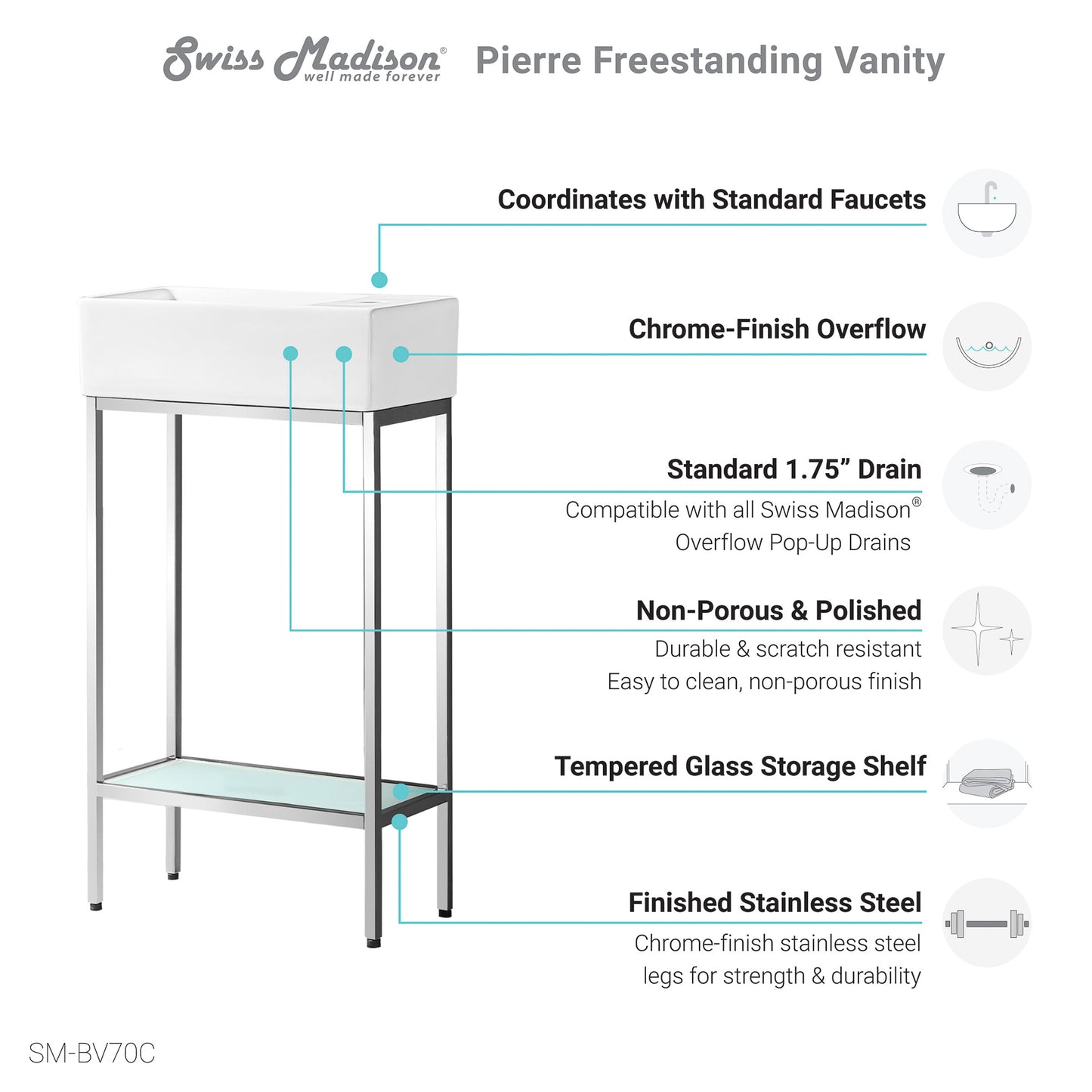 Swiss Madison, Pierre 19.5 Single, Freestanding, Open Shelf, Chrome Metal Frame Bathroom Vanity