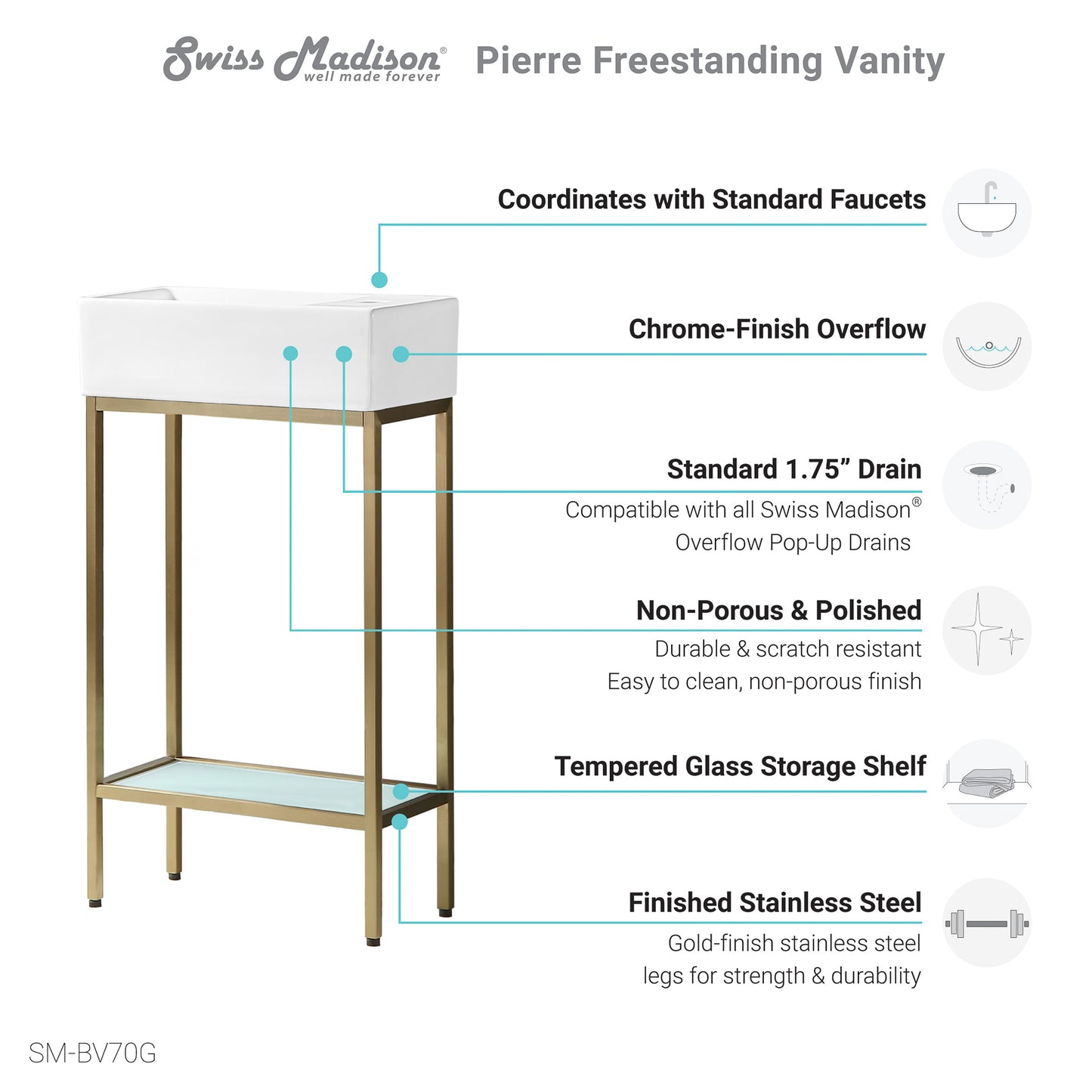 Swiss Madison, Pierre 19.5 Single, Freestanding, Open Shelf, Gold Metal Frame Bathroom Vanity