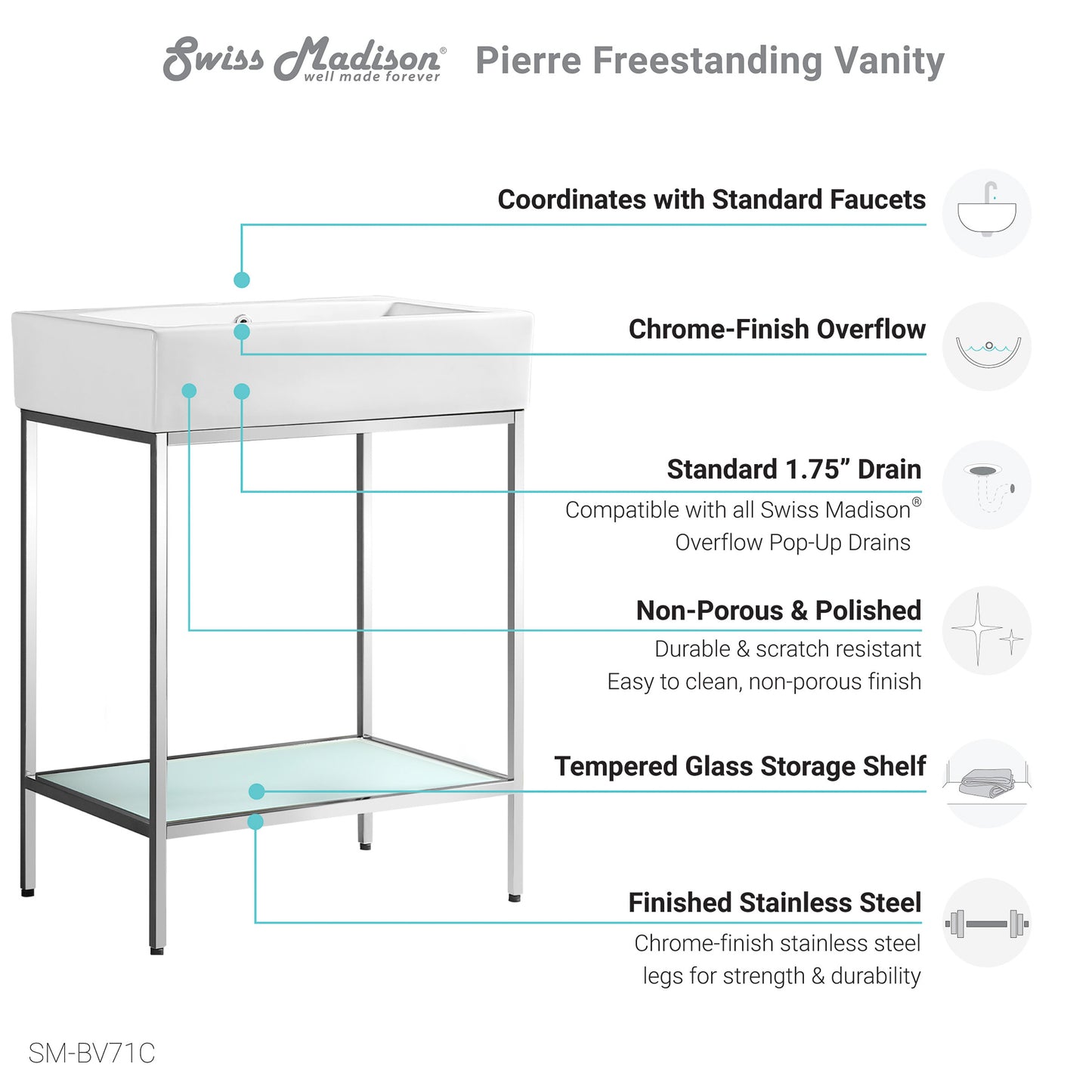 Swiss Madison, Pierre 24 Single, Freestanding, Open Shelf, Chrome Metal Frame Bathroom Vanity