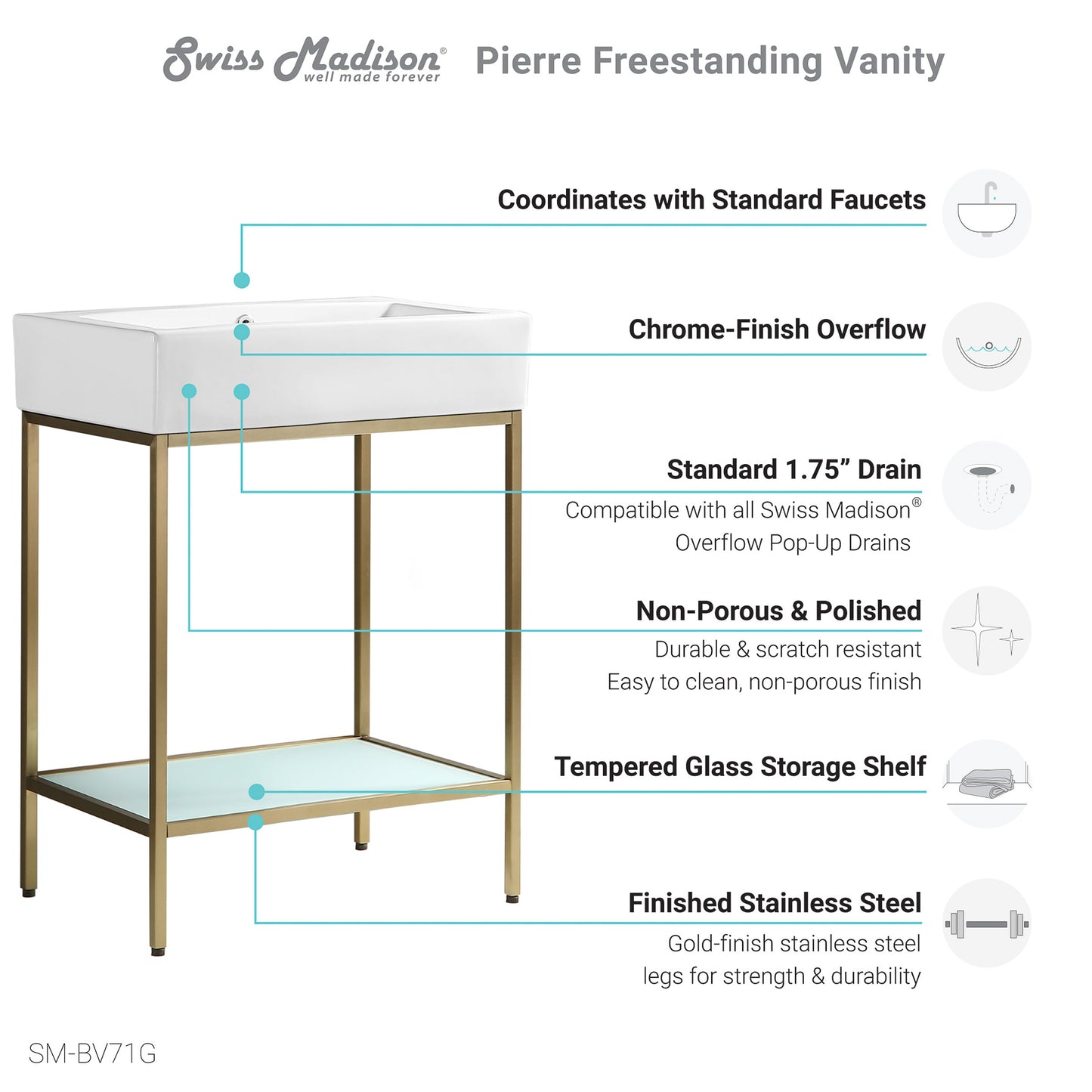Swiss Madison, Pierre 24 Single, Freestanding, Open Shelf, Gold Metal Frame Bathroom Vanity