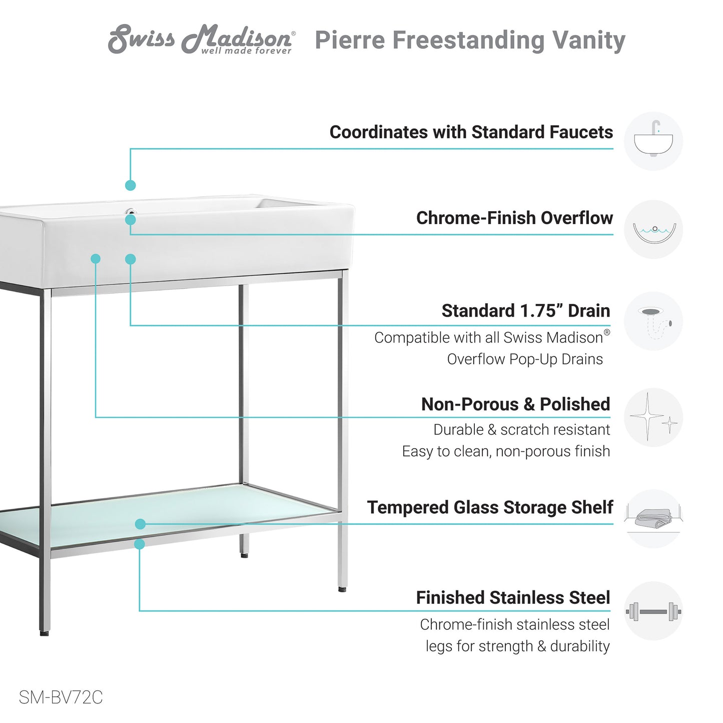 Swiss Madison, Pierre 32 Single, Freestanding, Open Shelf, Chrome Metal Frame Bathroom Vanity
