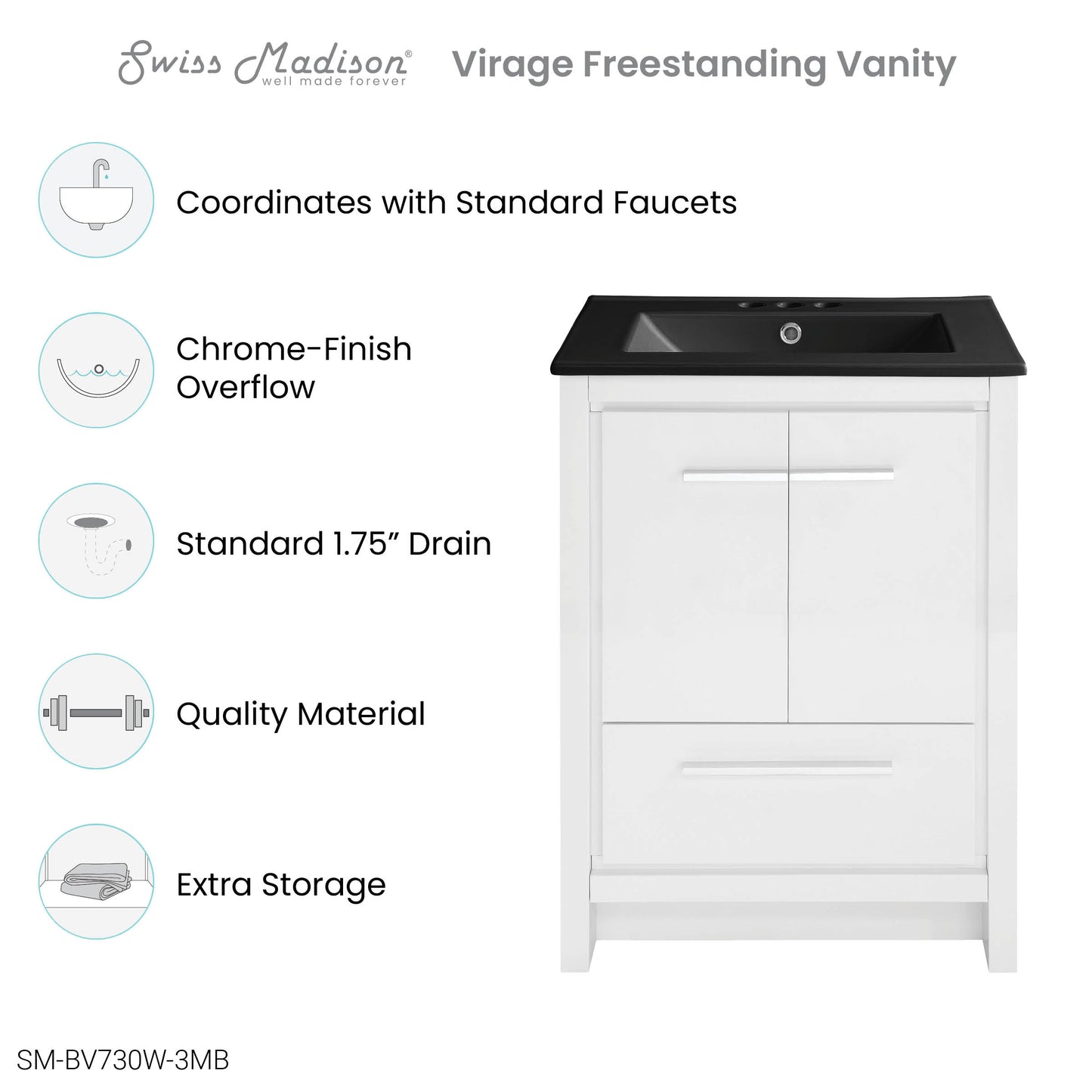 Swiss Madison, Virage 24 in. White Bathroom Vanity With Black, 3-Hole Ceramic Sink Top
