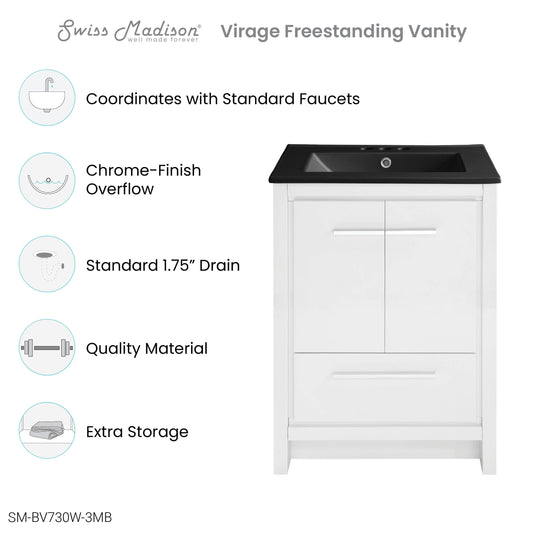 Swiss Madison, Virage 24 in. White Bathroom Vanity With Black, 3-Hole Ceramic Sink Top