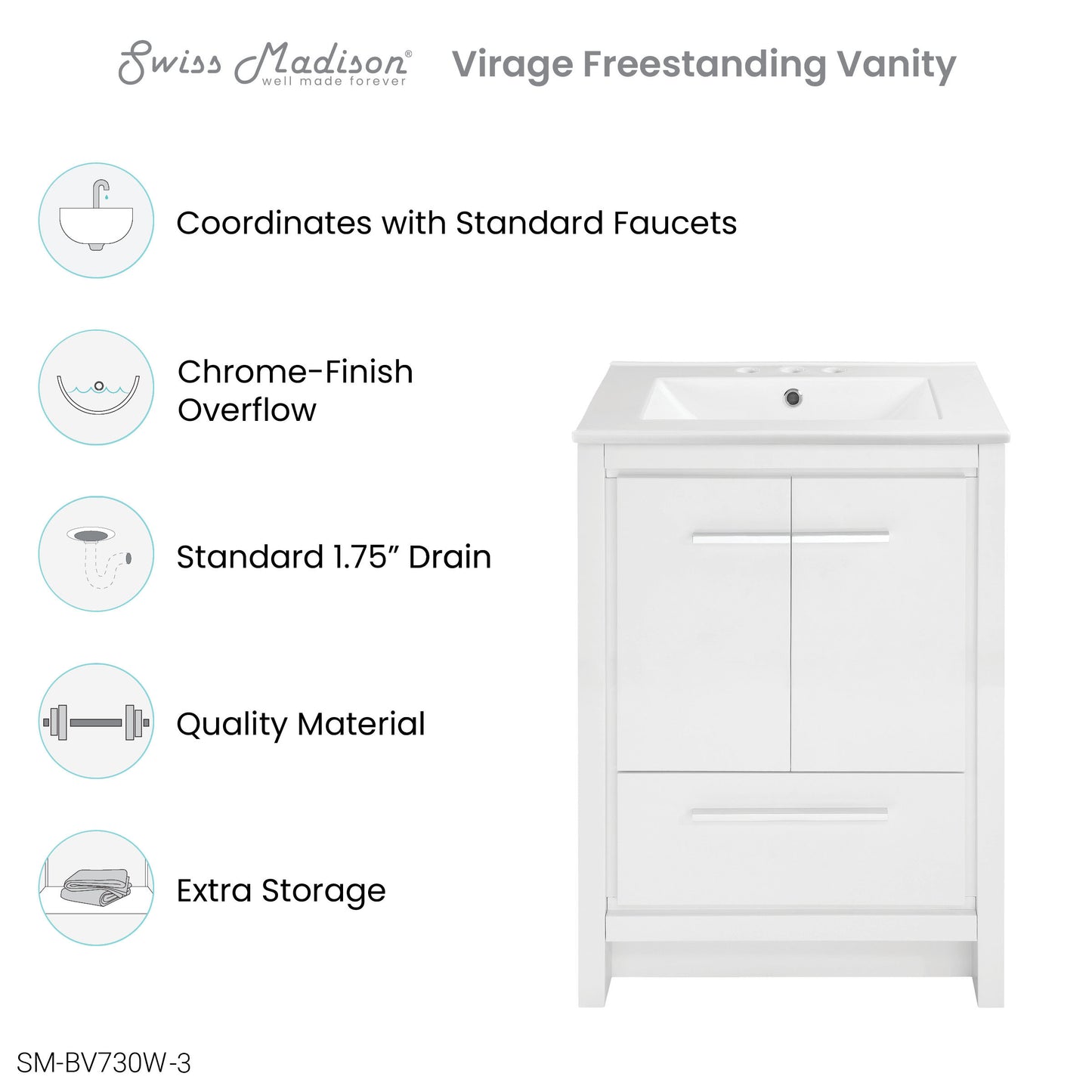 Swiss Madison, Virage 24 in. White Bathroom Vanity With White, 3-Hole Ceramic Sink Top