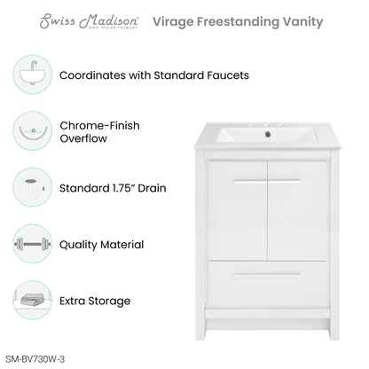 Swiss Madison, Virage 24 in. White Bathroom Vanity With White, 3-Hole Ceramic Sink Top