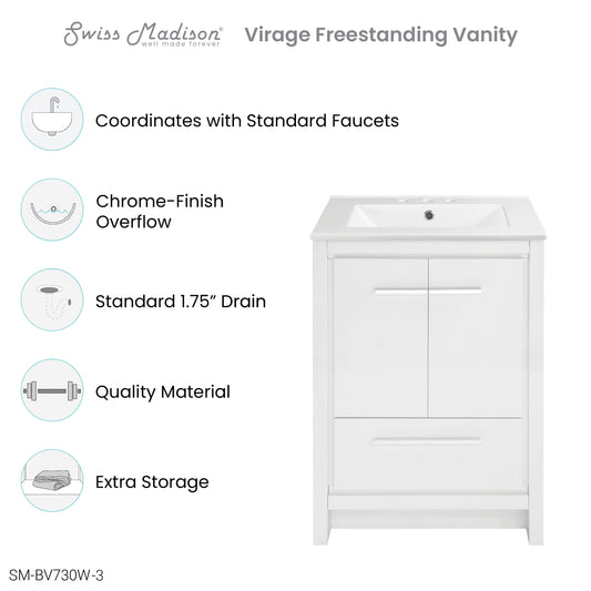 Swiss Madison, Virage 24 in. White Bathroom Vanity With White, 3-Hole Ceramic Sink Top