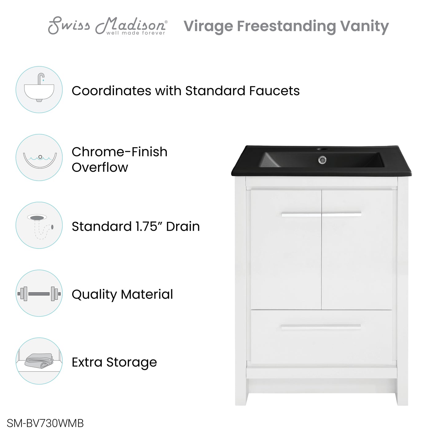 Swiss Madison, Virage 24 in. White Bathroom Vanity With Black Ceramic Sink Top