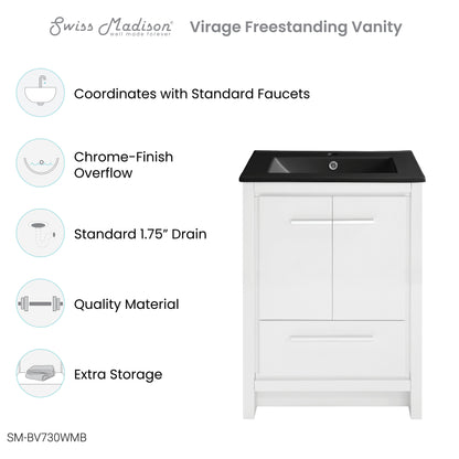 Swiss Madison, Virage 24 in. White Bathroom Vanity With Black Ceramic Sink Top