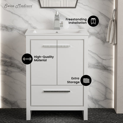 Swiss Madison, Virage 24" Freestanding Bathroom Vanity in White with Sink Top