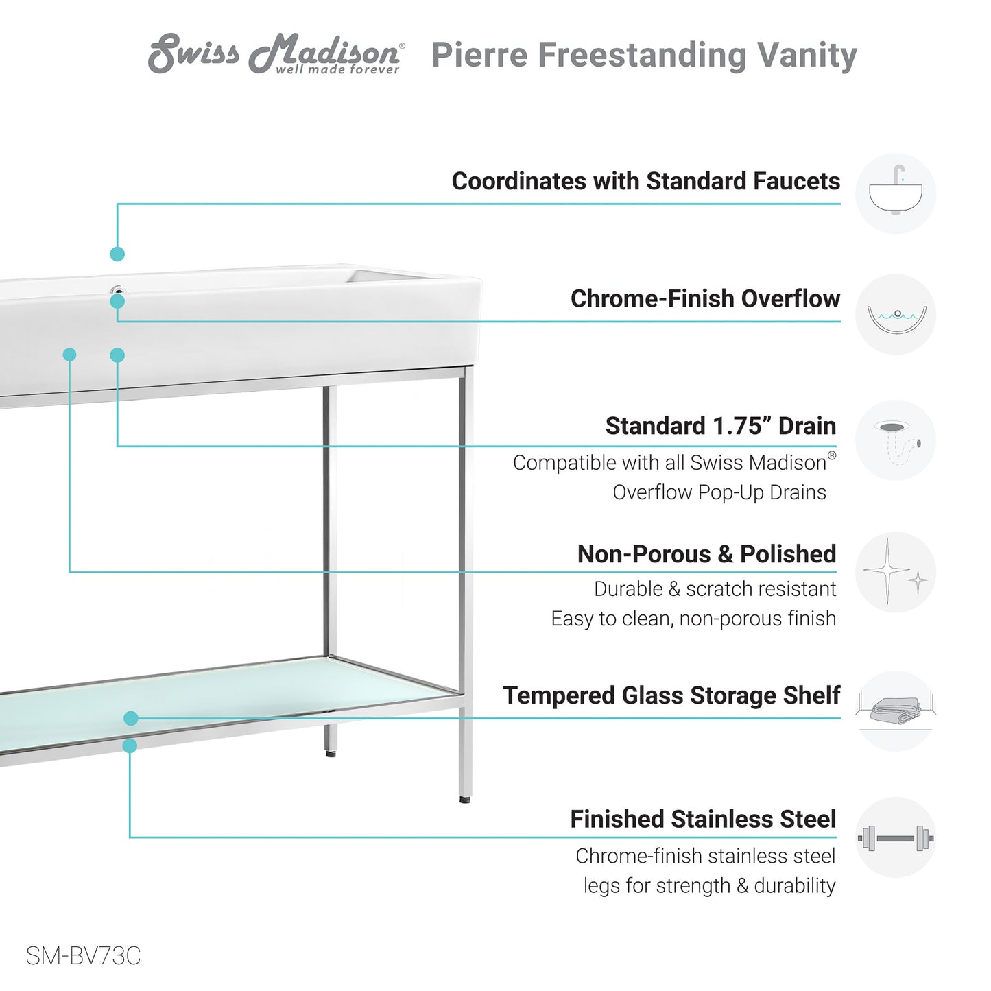 Swiss Madison, Pierre 40 Single, Freestanding, Open Shelf, Chrome Metal Frame Bathroom Vanity
