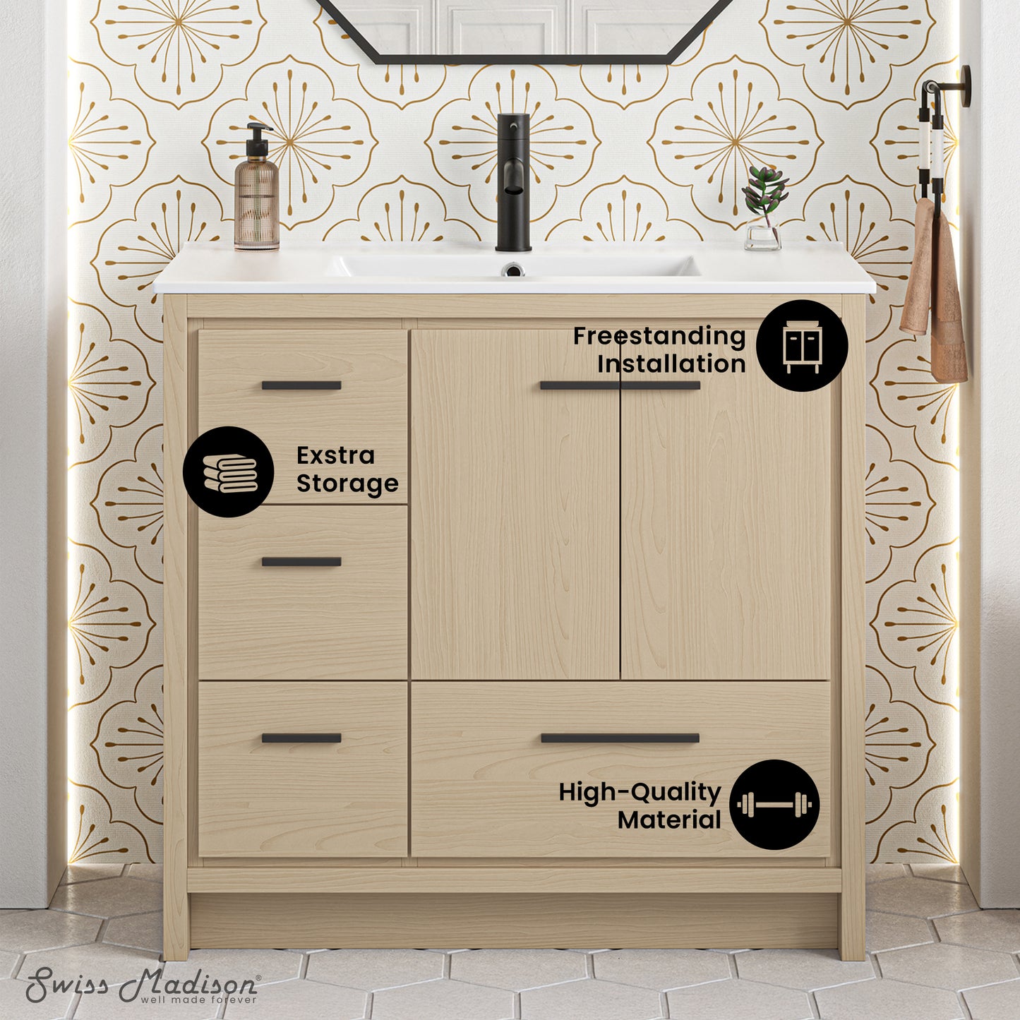 Swiss Madison Virage 36-inch freestanding bathroom vanity in Natural Oak