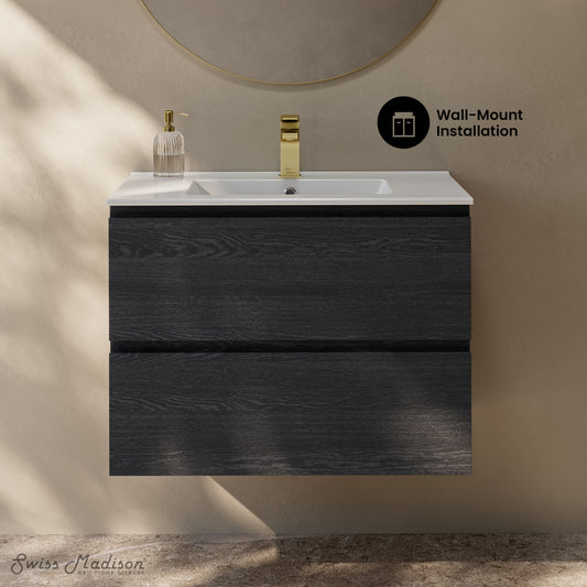 Swiss Madison, Liberte 30" Wall-Mounted Bathroom Vanity in Black Oak with Sink Top