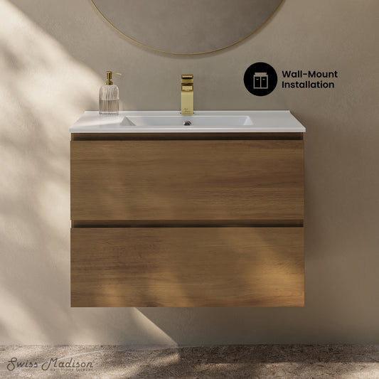 Swiss Madison, Liberte 30" Wall-Mounted Bathroom Vanity in Brown Oak with Sink Top