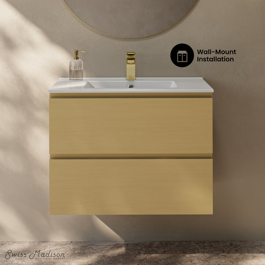 Swiss Madison, Liberte 30" Wall-Mounted Bathroom Vanity in Natural Oak with Sink Top
