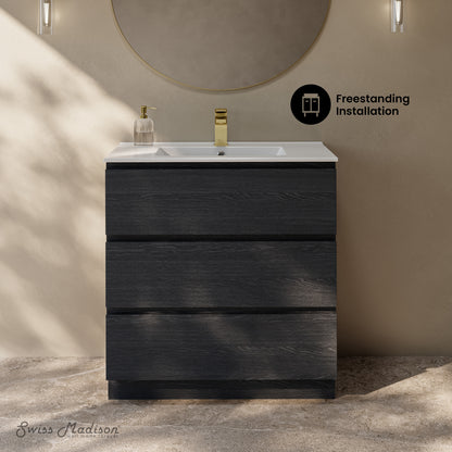 Swiss Madison, Liberte 30" Freestanding Bathroom Vanity in Black Oak with Sink Top