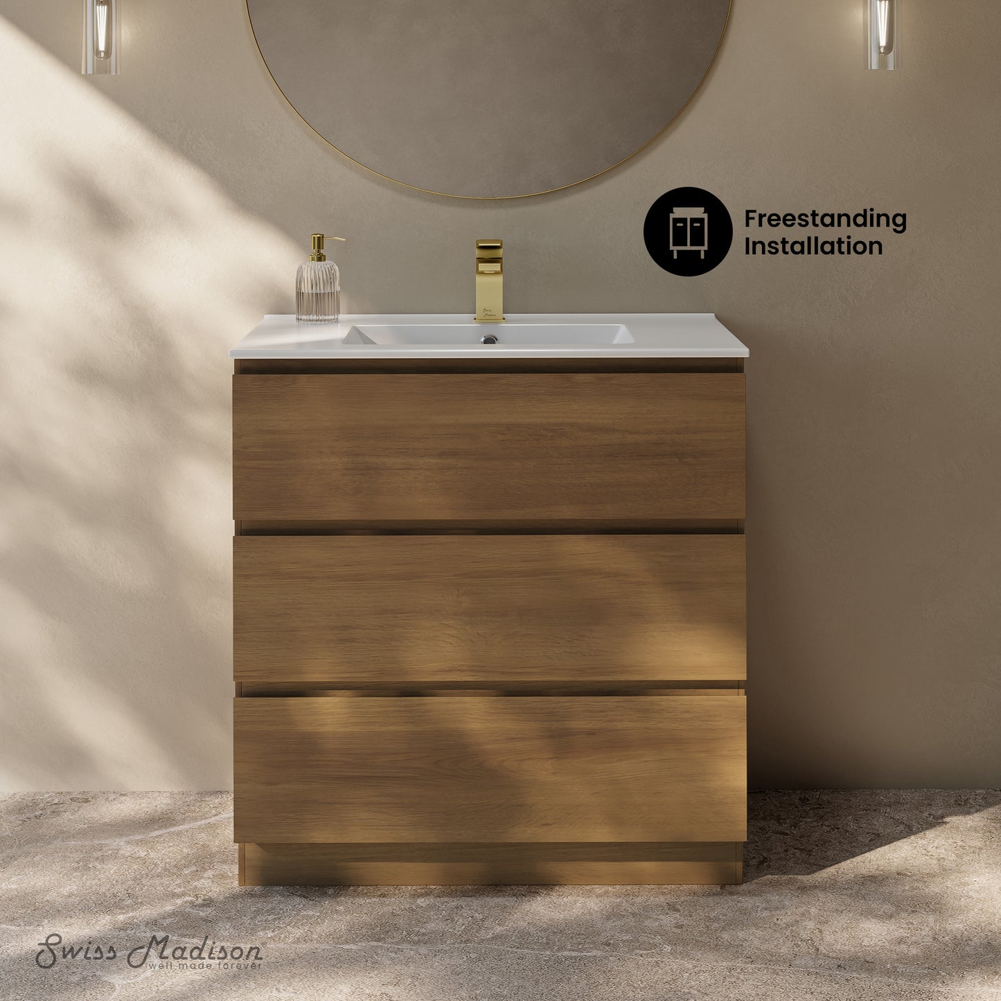 Swiss Madison, Liberte 30" Freestanding Bathroom Vanity in Brown Oak with Sink Top