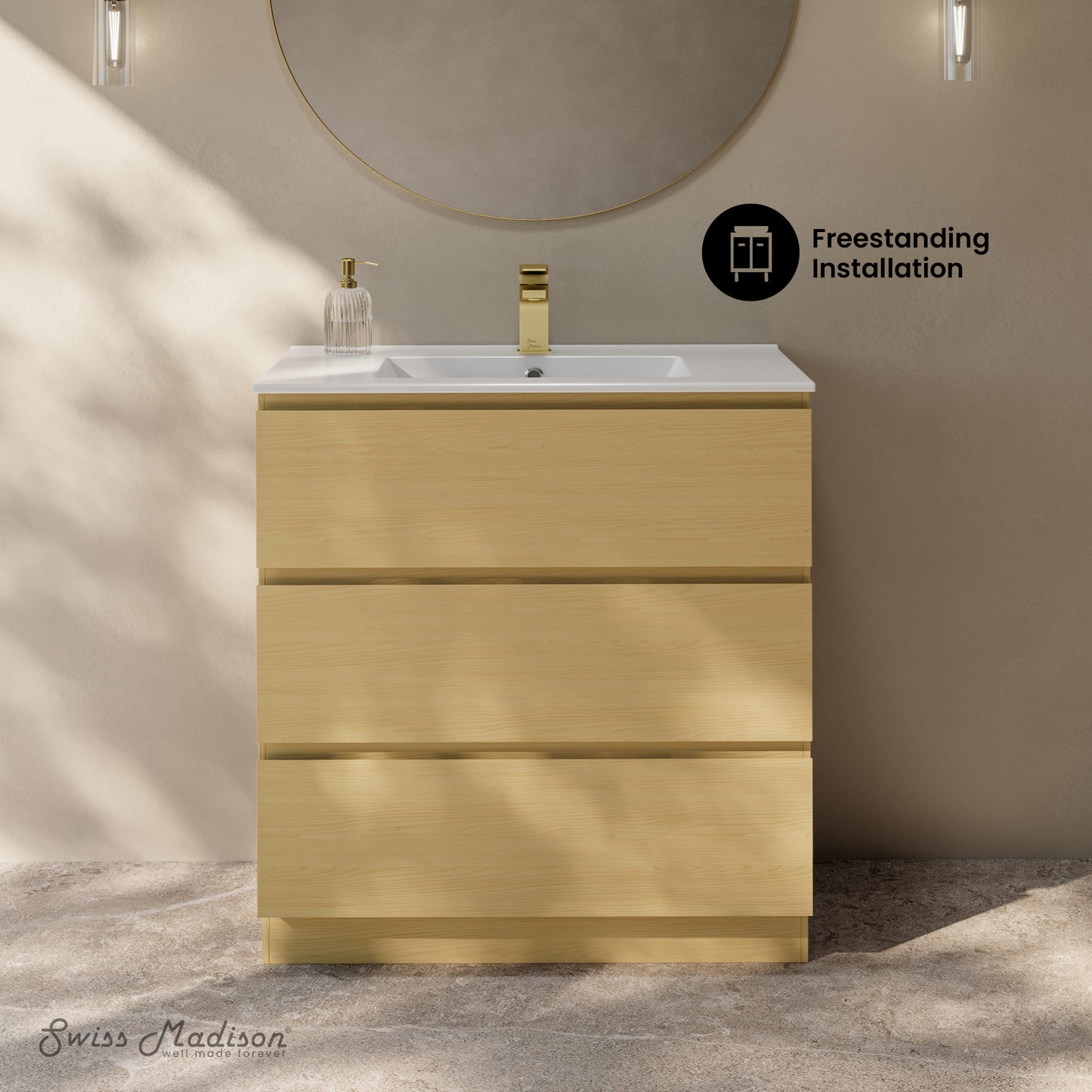 Swiss Madison, Liberte 30" Freestanding Bathroom Vanity in Natural Oak with Sink Top