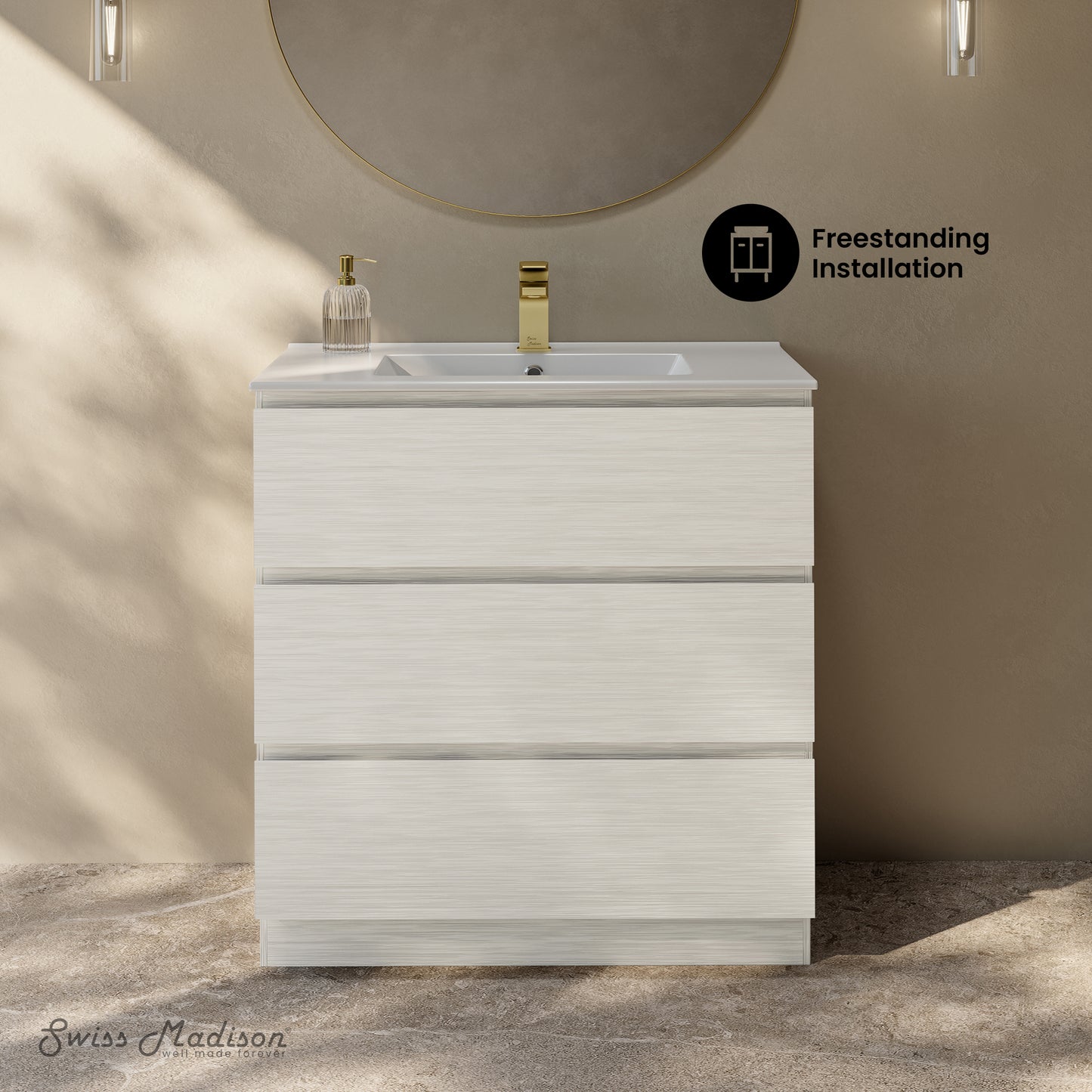 Swiss Madison, Liberte 30" Freestanding Bathroom Vanity in White Oak with Sink Top