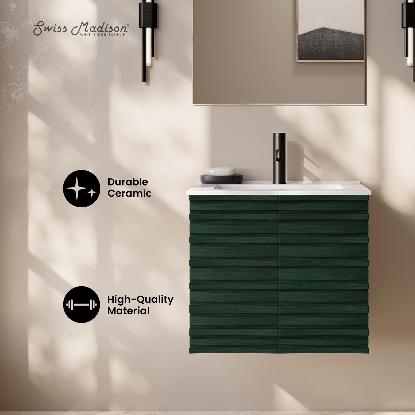 Swiss Madison, Cascade 24" Wall-Mounted Bathroom Vanity in Green Oak with Sink Top
