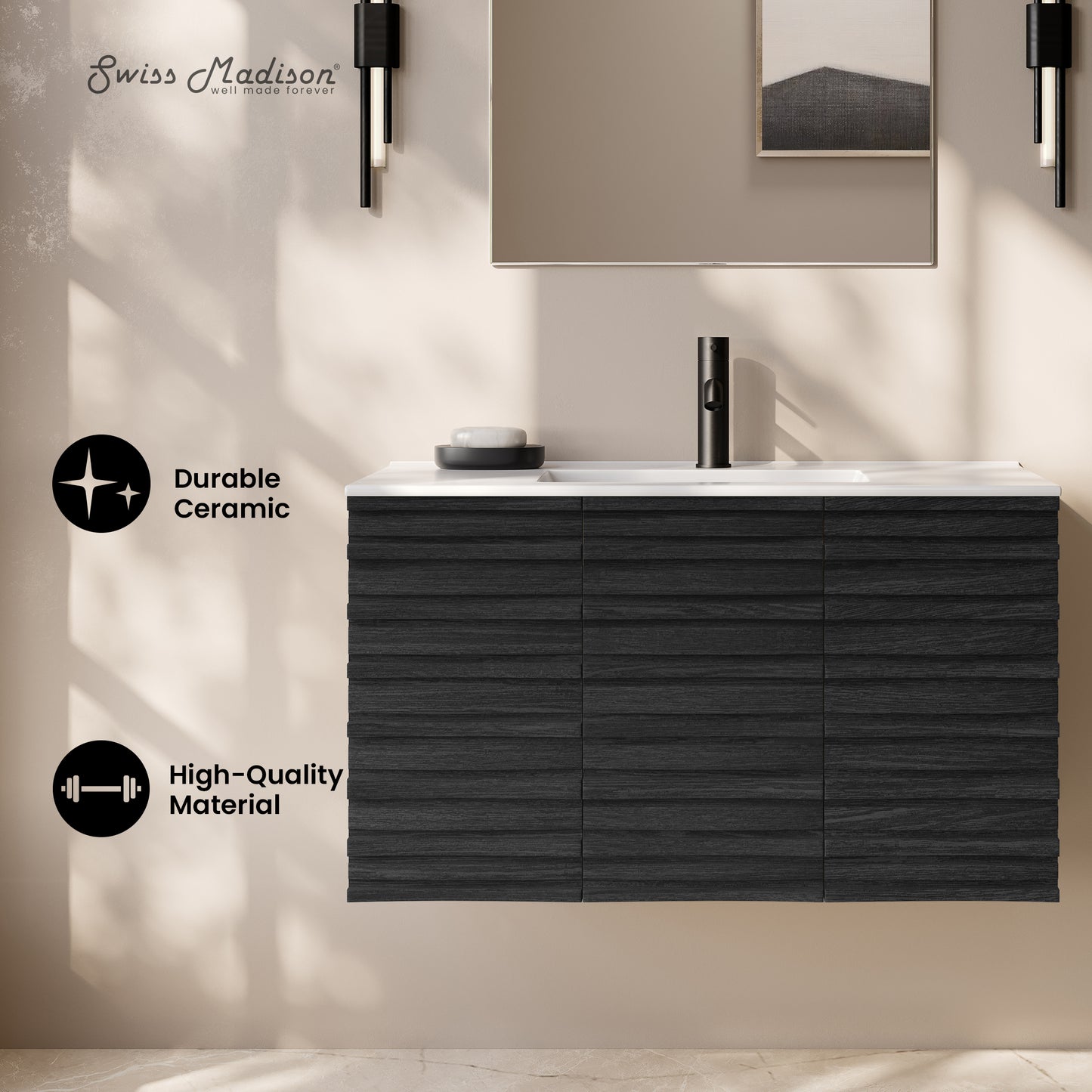Swiss Madison, Cascade 36" Wall-Mounted Bathroom Vanity in Black Oak with Sink Top
