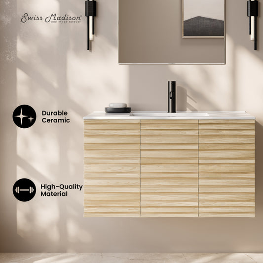 Swiss Madison, Cascade 36" Wall-Mounted Bathroom Vanity in Natural Oak with Sink Top