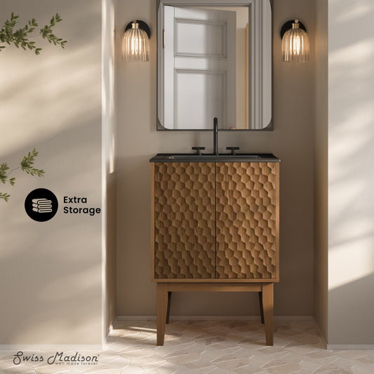 Swiss Madison, Bosse 24" Freestanding Bathroom Vanity in Brown Oak with Black 3-Hole Centerset Sink Top