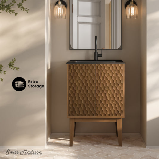 Swiss Madison, Bosse 24" Freestanding Bathroom Vanity in Brown Oak with Black Sink Top