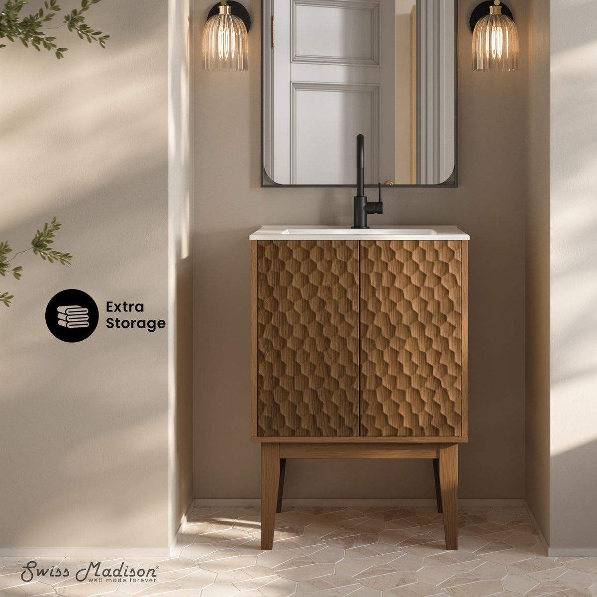 Swiss Madison, Bosse 24" Freestanding Bathroom Vanity in Brown Oak with Sink Top