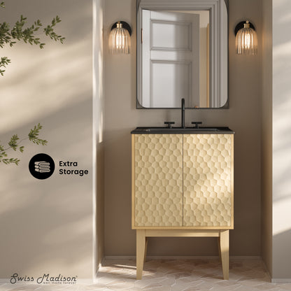 Swiss Madison, Bosse 24" Freestanding Bathroom Vanity in Natural Oak with Black 3-Hole Centerset Sink Top
