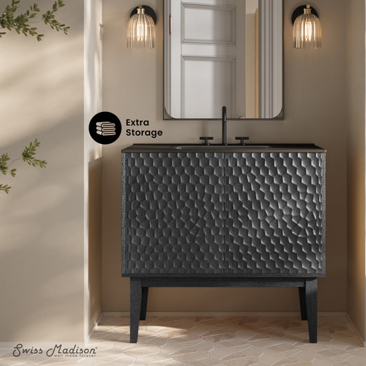 Swiss Madison, Bosse 36" Freestanding Bathroom Vanity in Black Oak with Black 3-Hole Widespread Sink Top