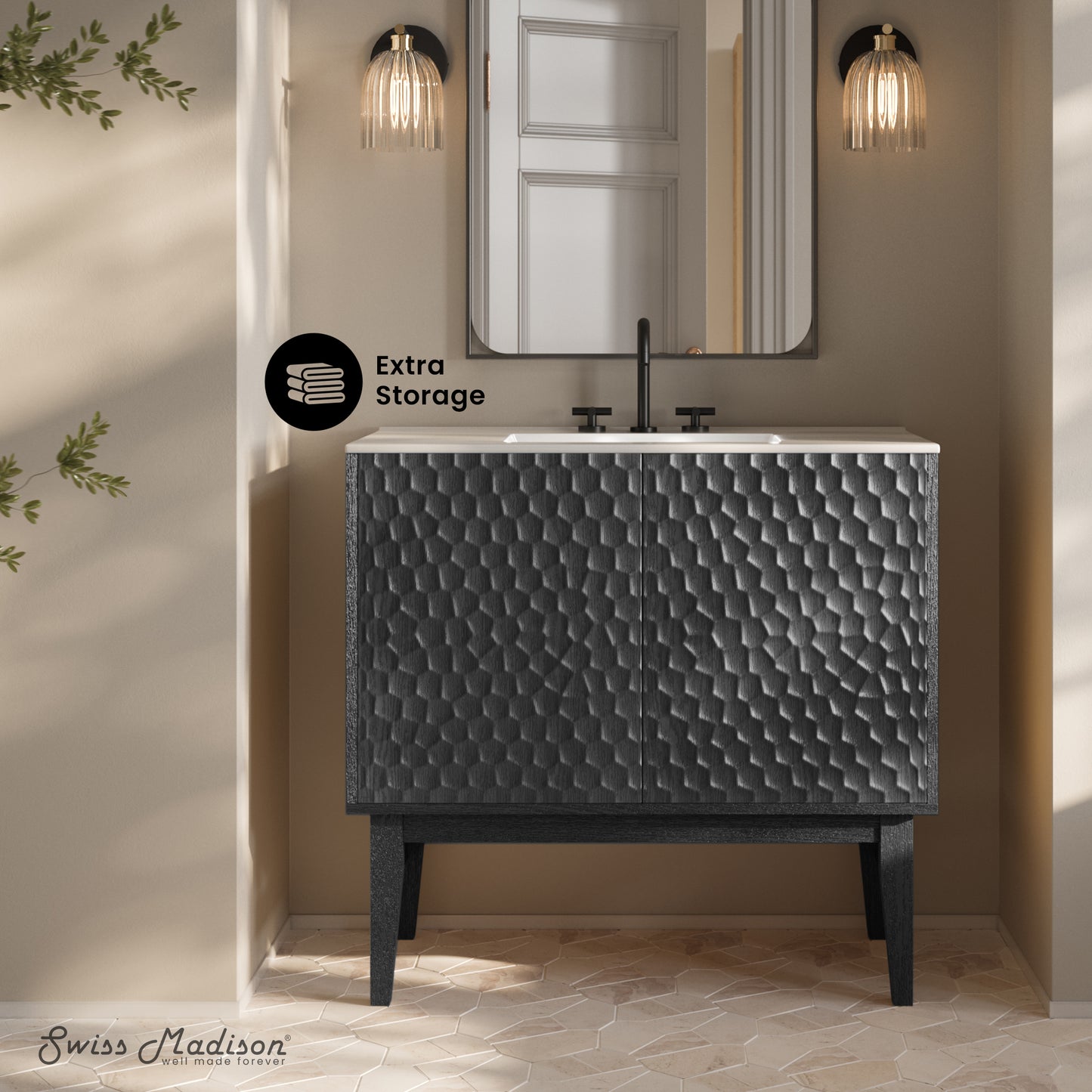Swiss Madison, Bosse 36" Freestanding Bathroom Vanity in Black Oak with 3-Hole Widespread Sink Top