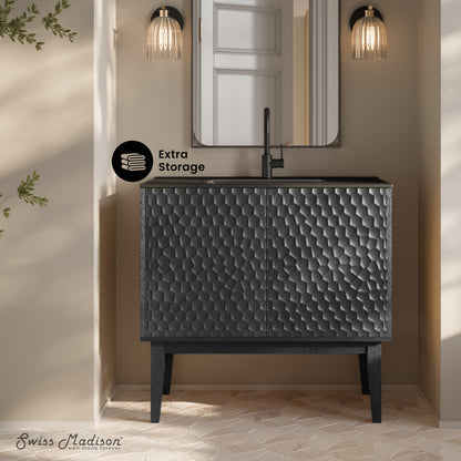 Swiss Madison, Bosse 36" Freestanding Bathroom Vanity in Black Oak with Black Sink Top