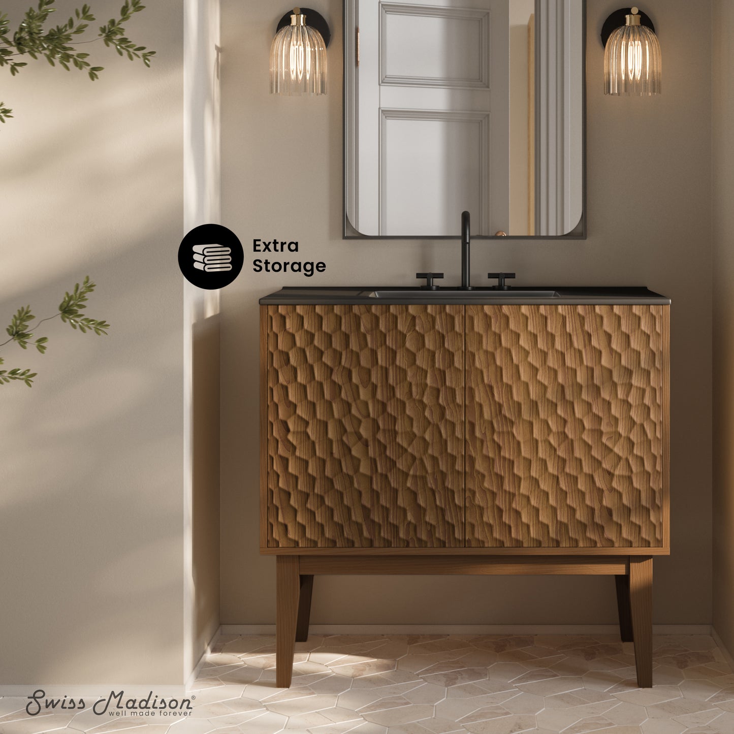 Swiss Madison, Bosse 36" Freestanding Bathroom Vanity in Brown Oak with Black 3-Hole Widespread Sink Top