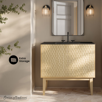 Swiss Madison, Bosse 36" Freestanding Bathroom Vanity in Natural Oak with Black 3-Hole Widespread Sink Top