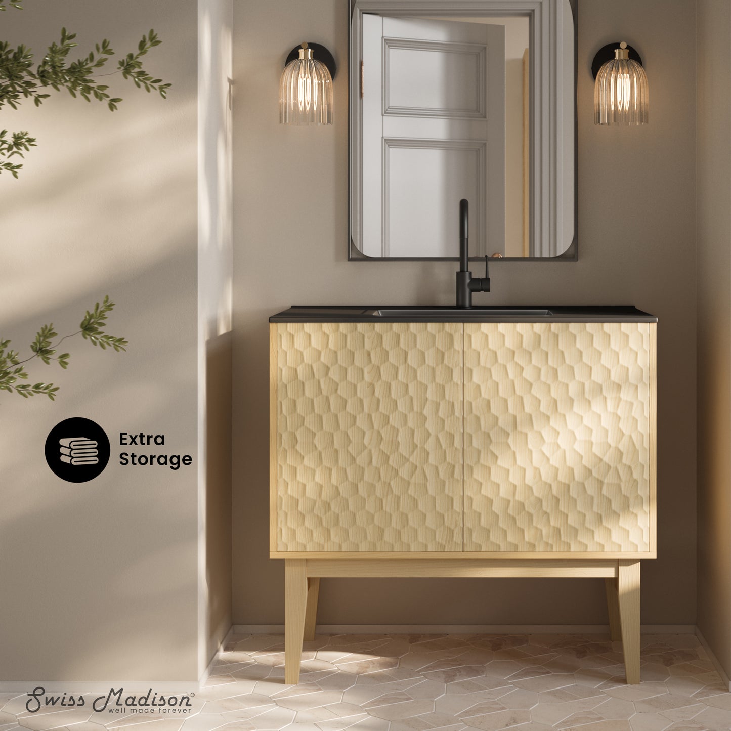 Swiss Madison, Bosse 36" Freestanding Bathroom Vanity in Natural Oak with Black Sink Top