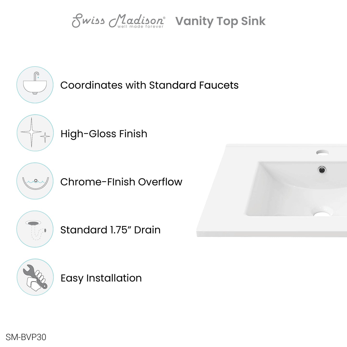 Swiss Madison, 30" Ceramic Vanity Sink Top
