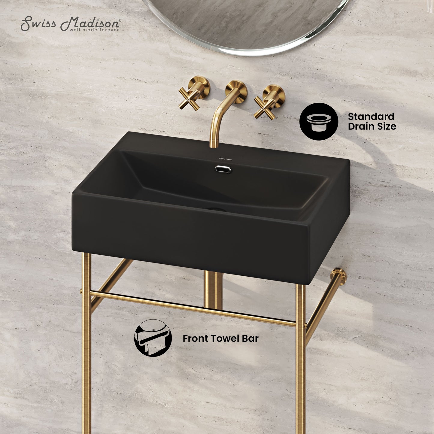 Swiss Madison, Claire 24" Rectangle Matte Black Zero Hole Console Sink with Brushed Gold Legs