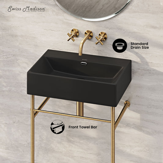 Swiss Madison, Claire 24" Rectangle Matte Black Zero Hole Console Sink with Brushed Gold Legs