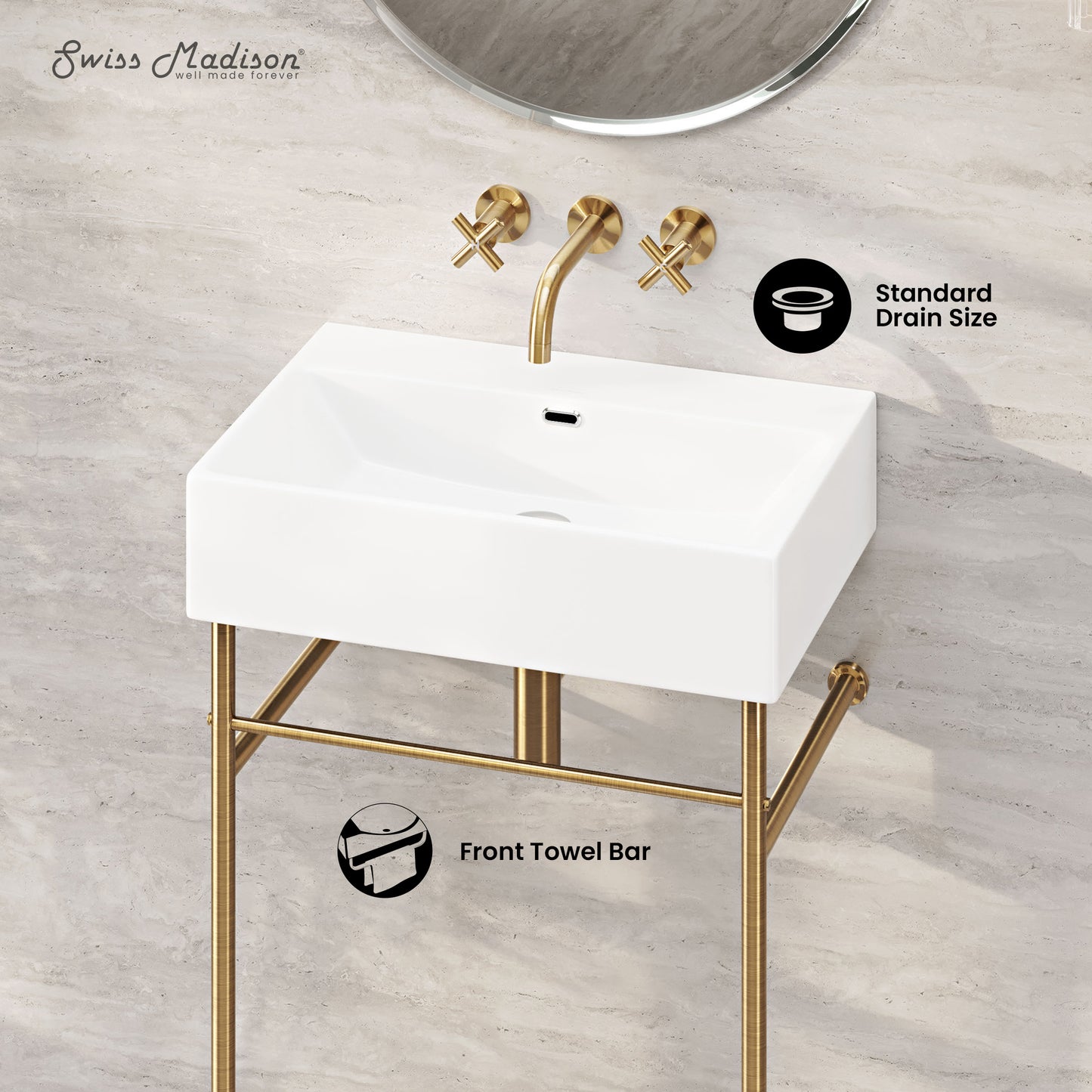 Swiss Madison, Claire 24" Rectangle Zero Hole Console Sink with Brushed Gold Legs