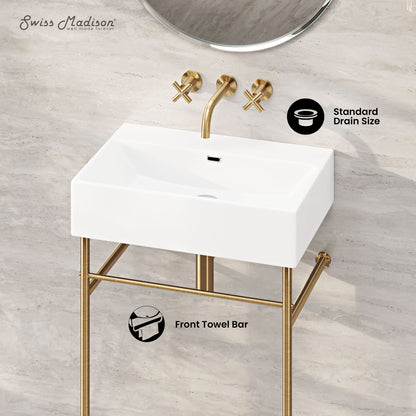 Swiss Madison, Claire 24" Rectangle Zero Hole Console Sink with Brushed Gold Legs